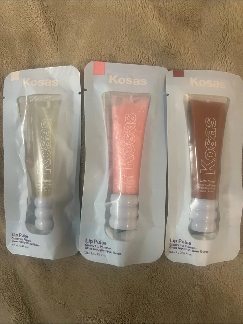 Kosas Lip Pulse Gloss Trio — Shimmer Gold, Pearly Pink, Warm Brown